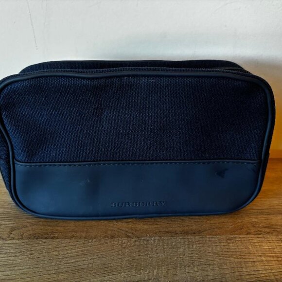 Burberry Logo Clutch Toiletry Travel Cosmetic Pouch Navy Blue Zipper Closure - Picture 1 of 4